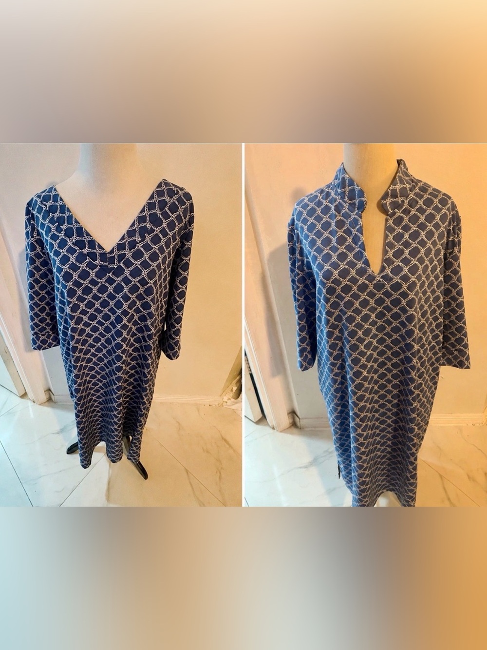 Lot 2 Sailor Sailor Dresses XL Blue White 3/4 Nautical  V Neck Rope Lucille 3/4
